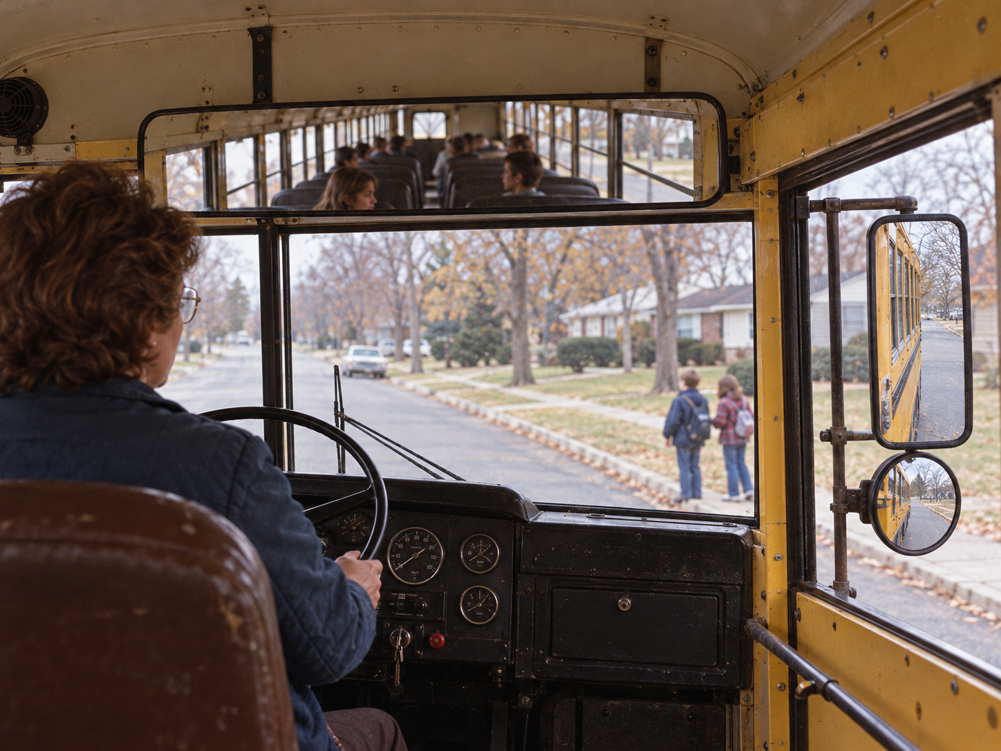 A bus driver sits behind the wheel of a school bus, looking toward two children standing on the curb of a suburban street.