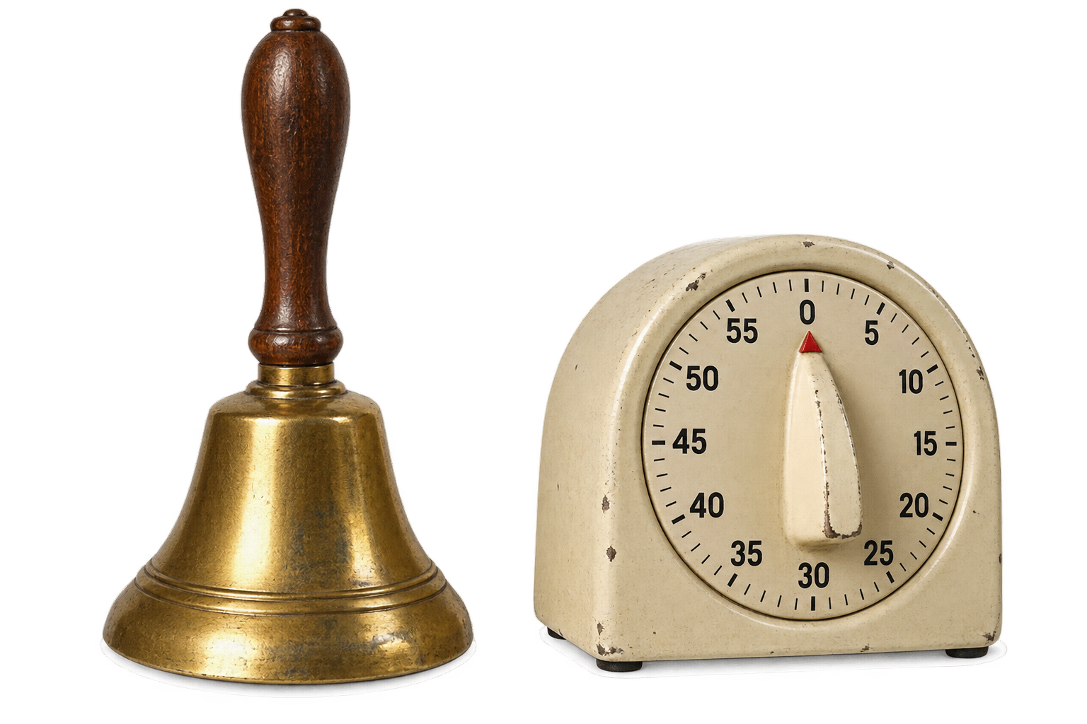 A brass handbell with a wooden handle next to a vintage analog kitchen timer.