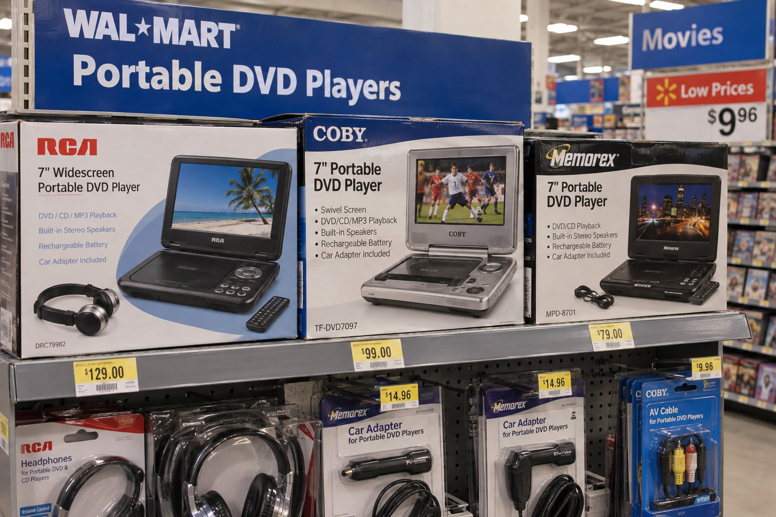 Store shelf displaying three boxes of portable DVD players from RCA, Coby, and Memorex, with prices listed on shelf tags below.