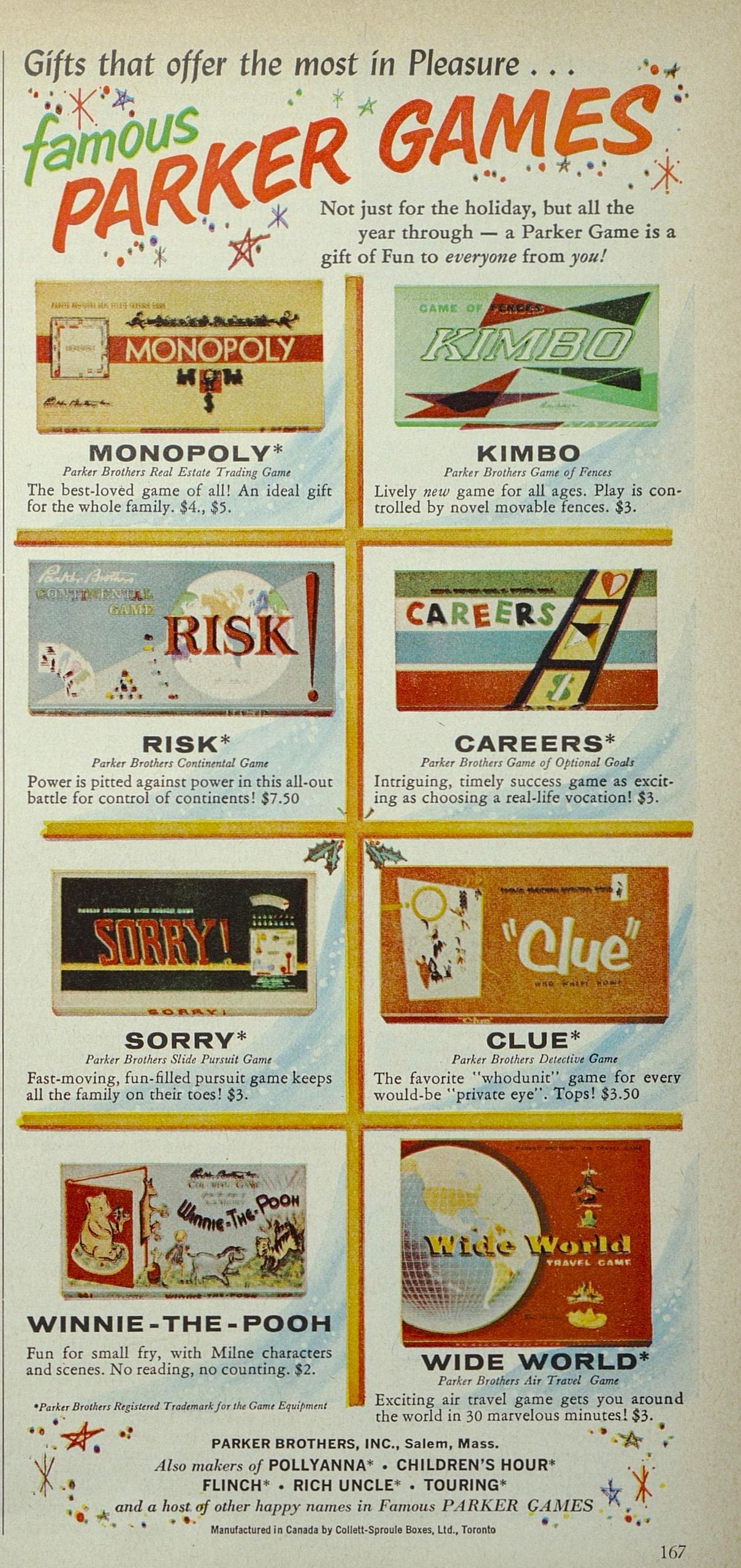 Vintage advertisement for Parker Games featuring Monopoly, Kimbo, Risk, Careers, Sorry, Clue, Winnie-the-Pooh, and Wide World board games with their descriptions and prices.