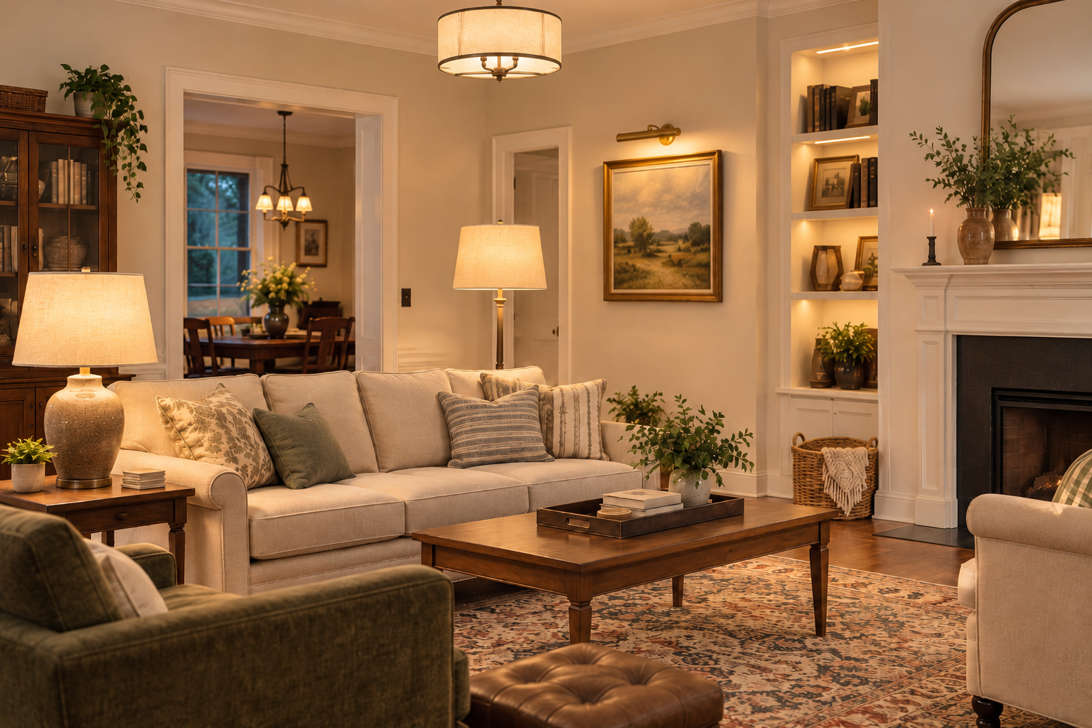 A cozy living room with a neutral-toned sofa, a wooden coffee table, a fireplace, and built-in bookshelves.