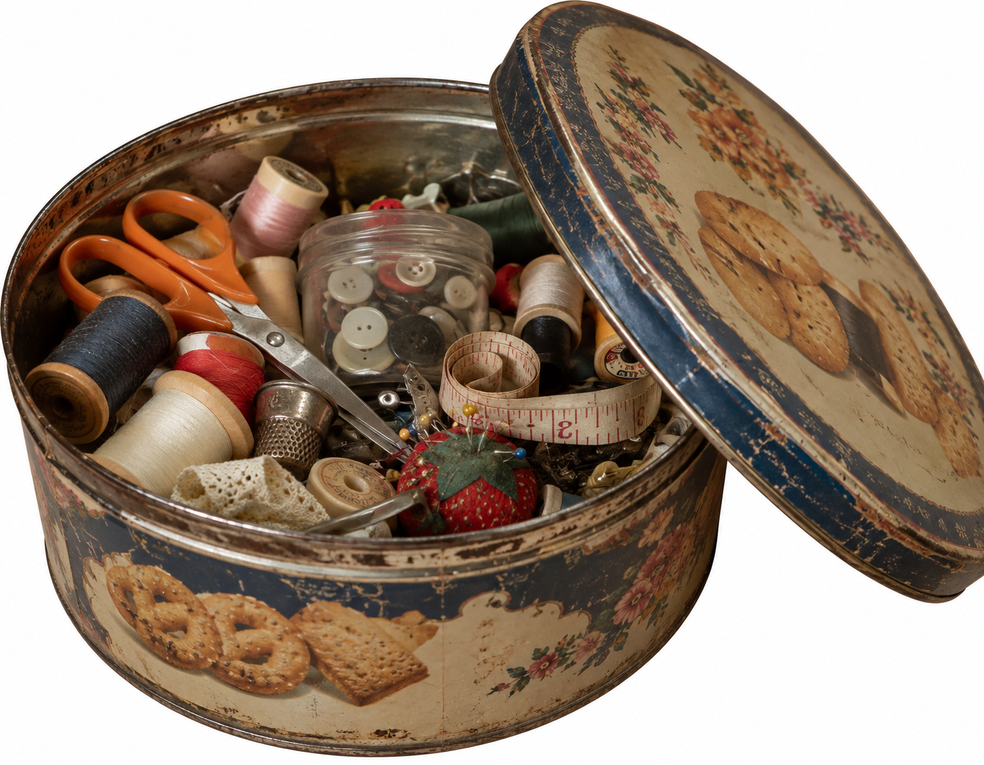 A round, decorative tin filled with sewing supplies, including spools of thread, scissors, a tape measure, a thimble, buttons, and a strawberry pincushion.