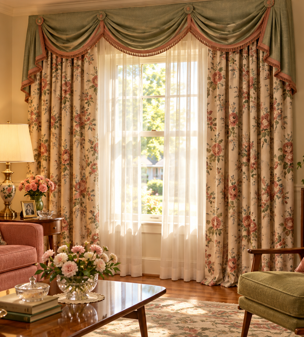 A window framed by floral curtains and a decorative green valance, with a sunlit garden visible through sheer white drapes.