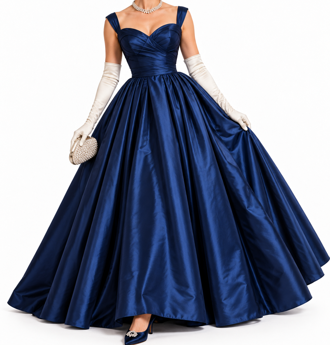 A person wearing a floor-length navy blue ballgown, opera-length white gloves, a pearl necklace, and holding a small beaded clutch.