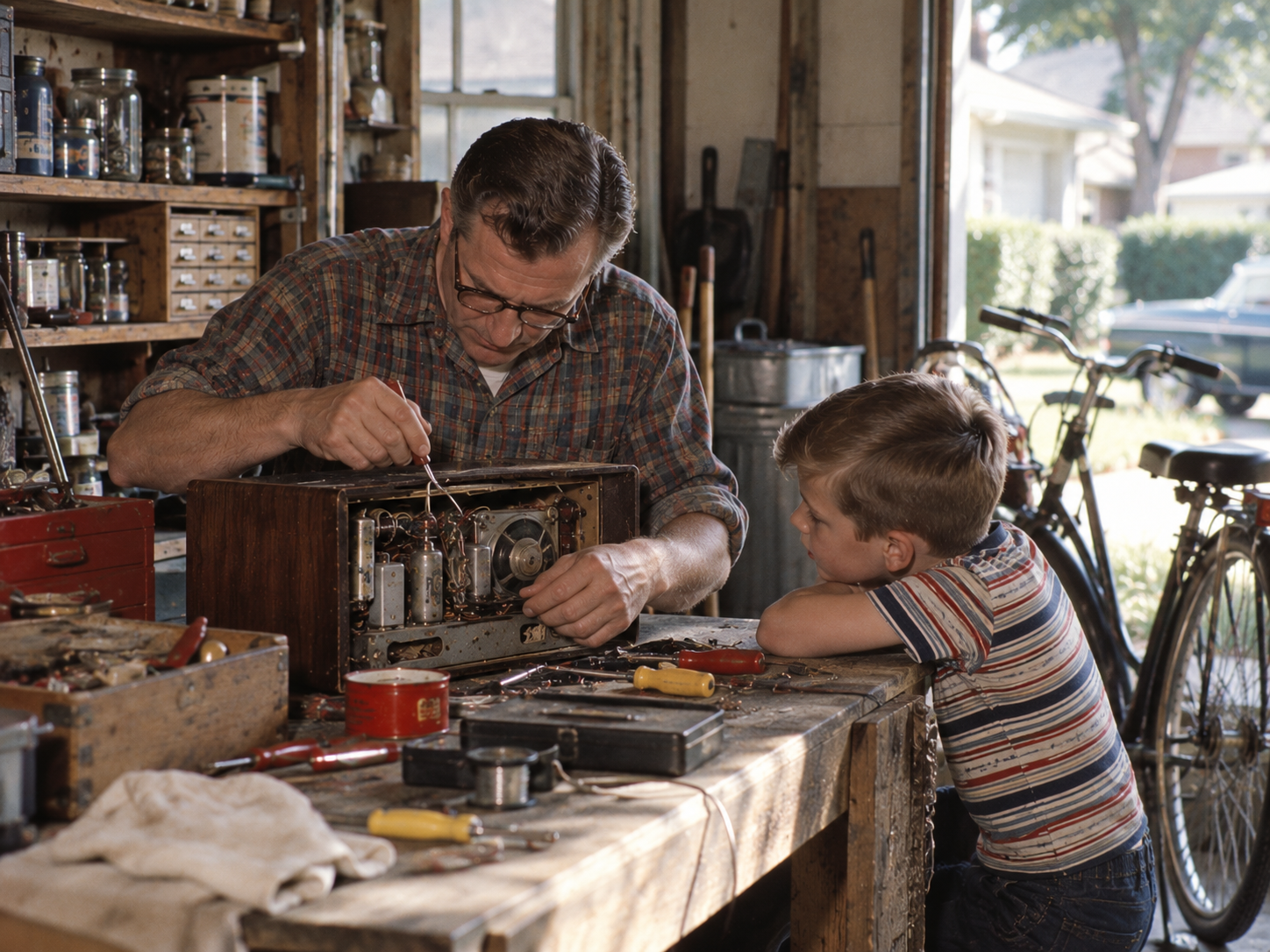 An older man and a young boy work together on a vintage radio on a cluttered wooden workbench in a garage.