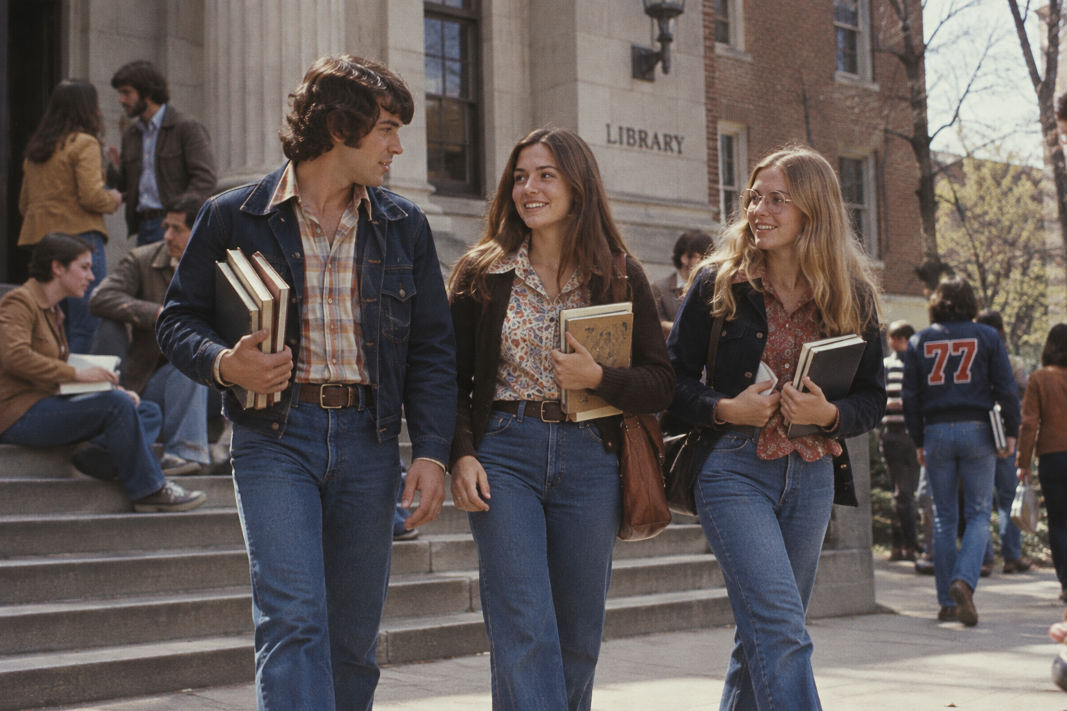 Three students carrying books walk together past a library building on a college campus.