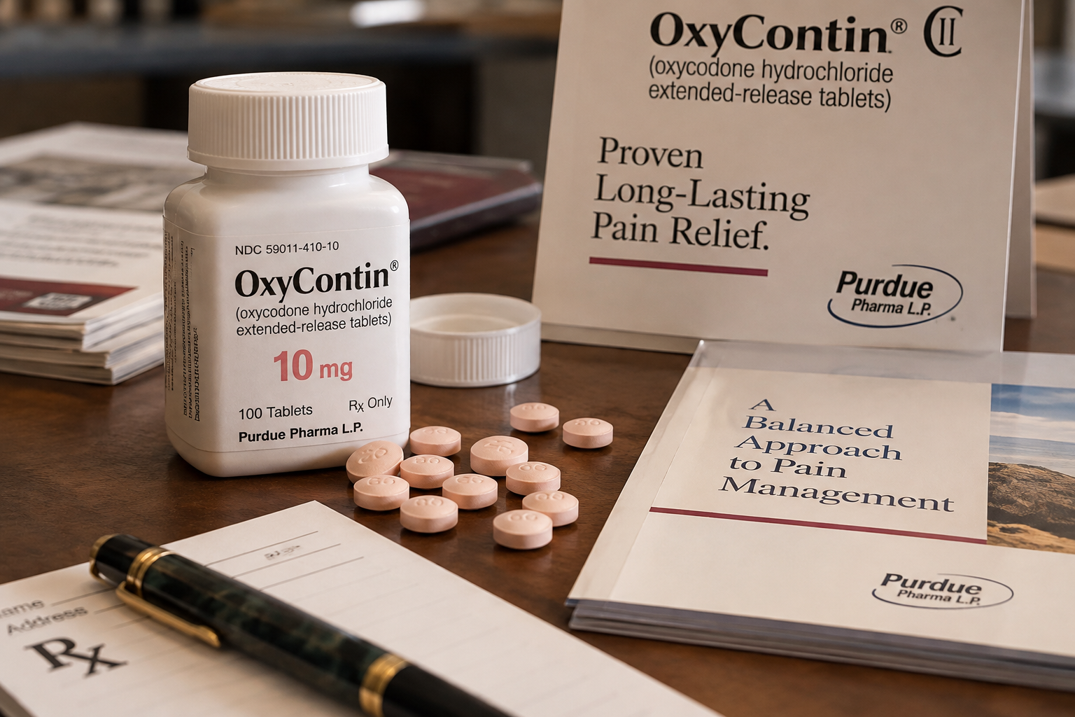 A bottle of 10mg OxyContin tablets with loose pills, a prescription pad, and Purdue Pharma marketing materials on a table.