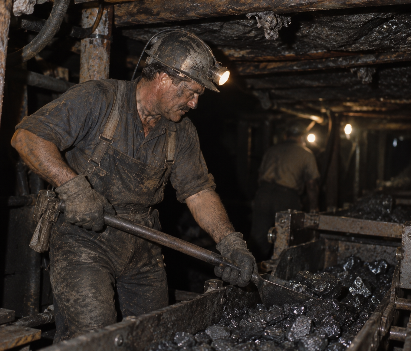 A coal miner with a lit headlamp on his helmet shovels coal into a moving conveyor belt in a dark tunnel.