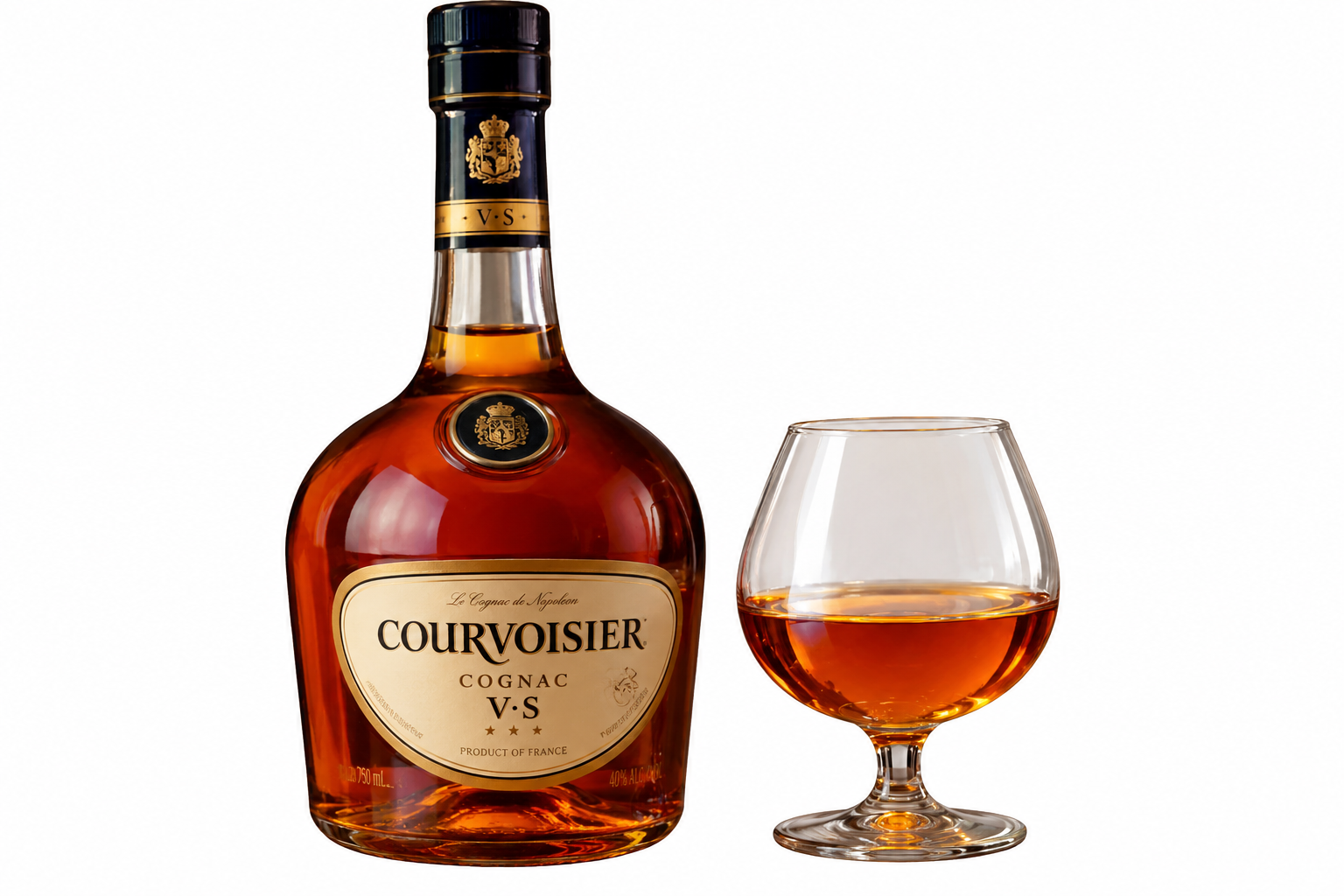 A bottle of Courvoisier V.S. Cognac next to a snifter glass filled with amber-colored brandy.