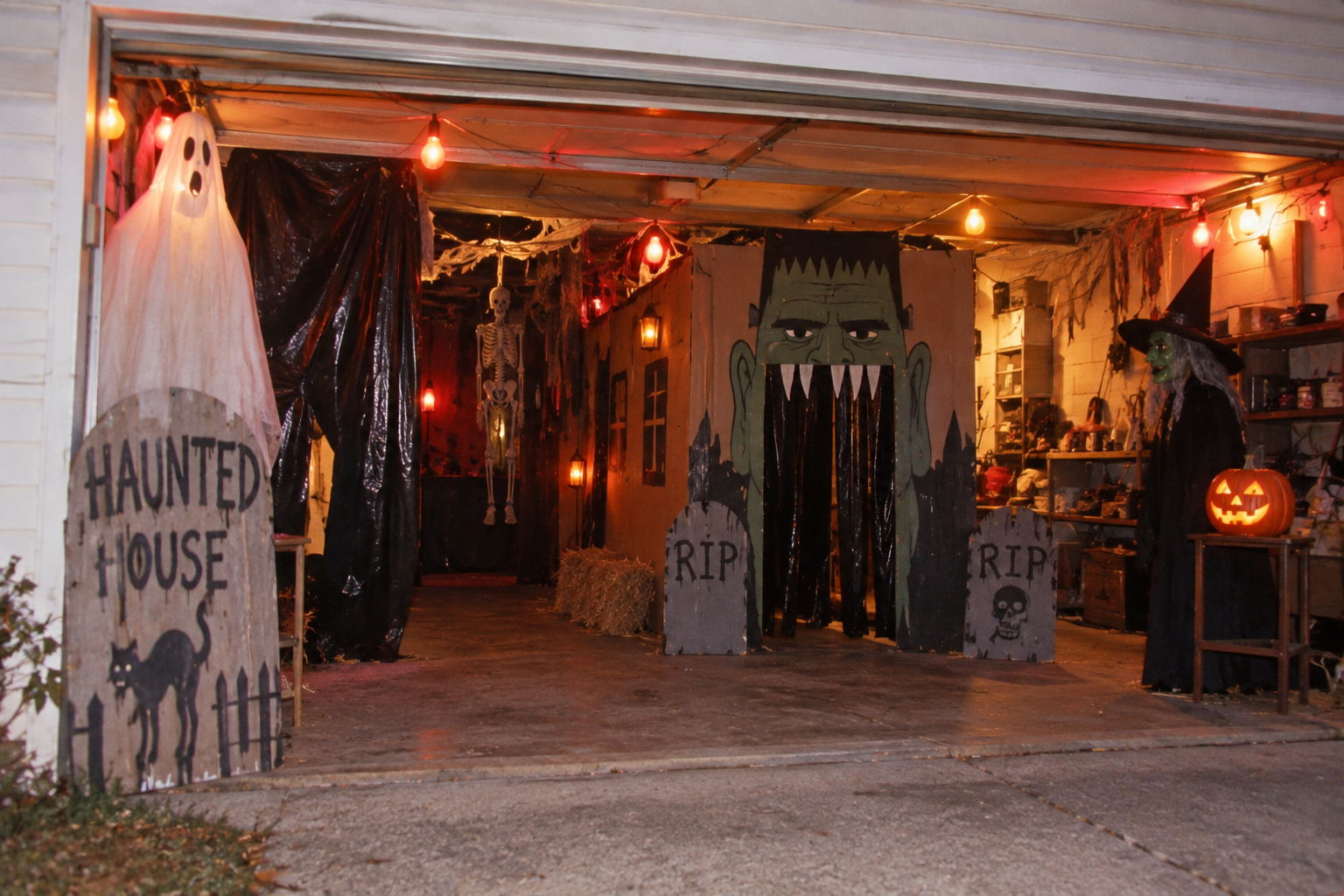 A garage decorated as a haunted house, featuring a ghost, a skeleton, a Frankenstein-themed entrance, two tombstones, and a witch standing next to a jack-o’-lantern.