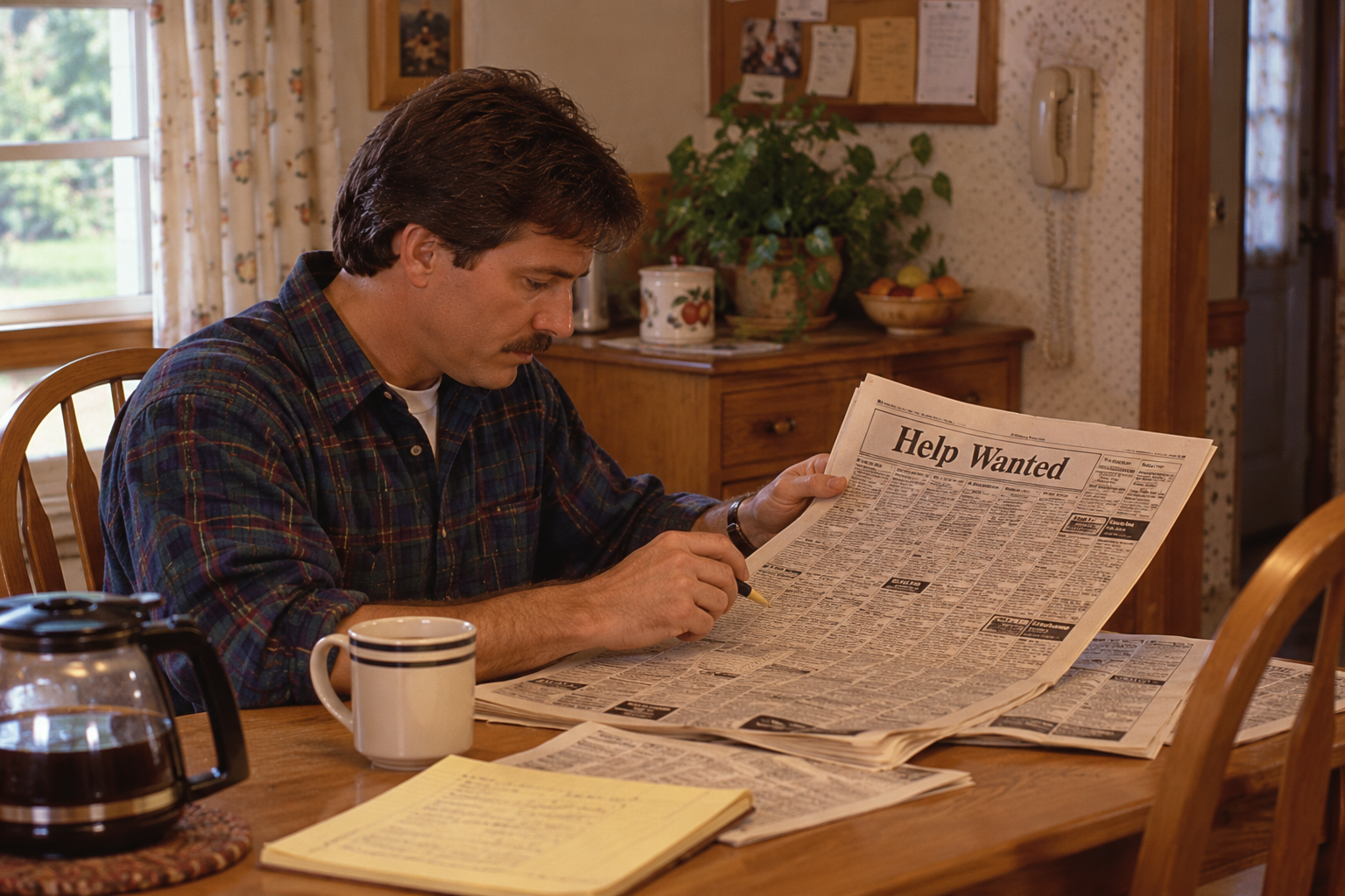 A man sitting at a wooden table uses a pen to circle an advertisement in the Help Wanted section of a newspaper.