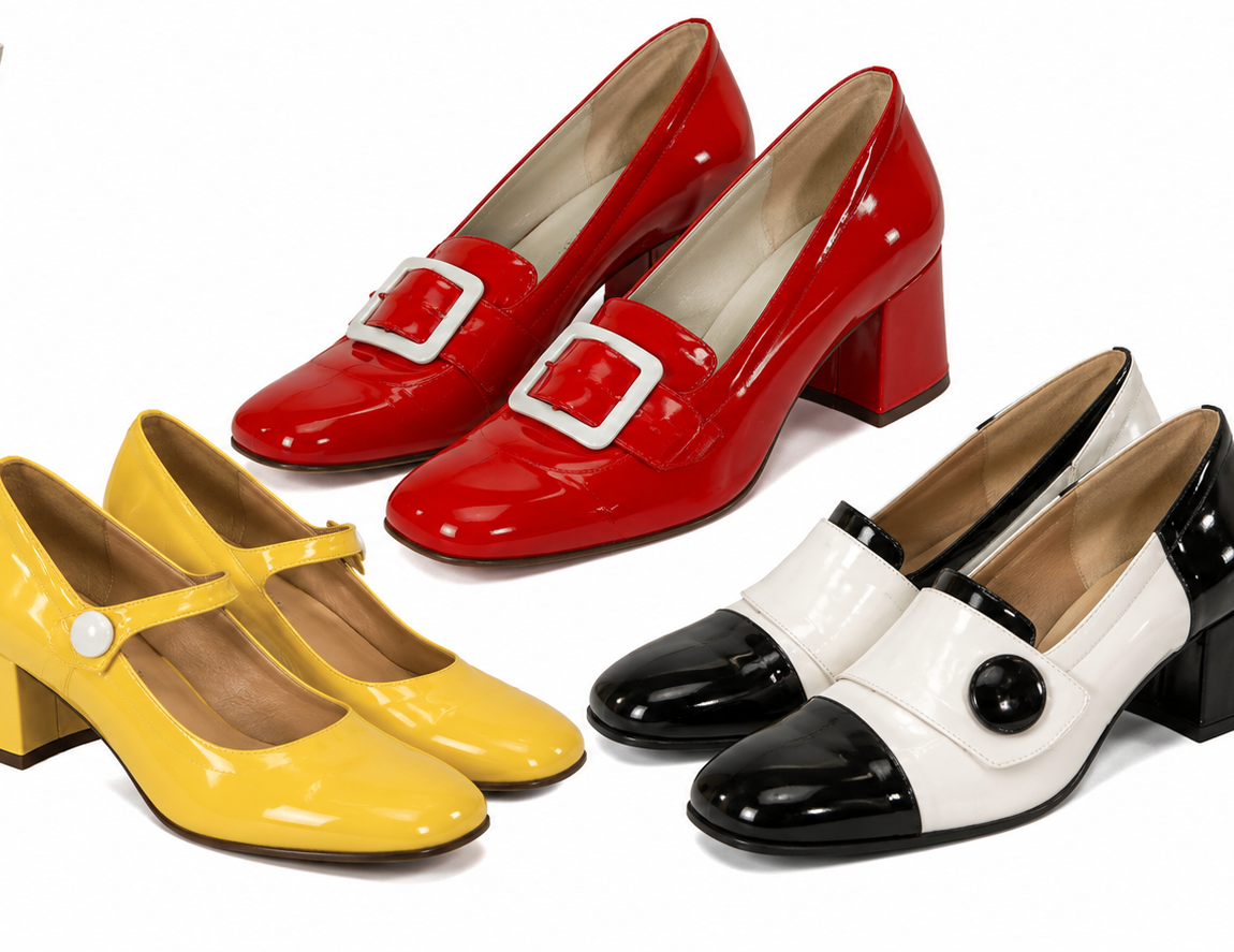 Three pairs of block-heeled pumps in red with white buckles, yellow with a single side button, and black-and-white color-blocked.