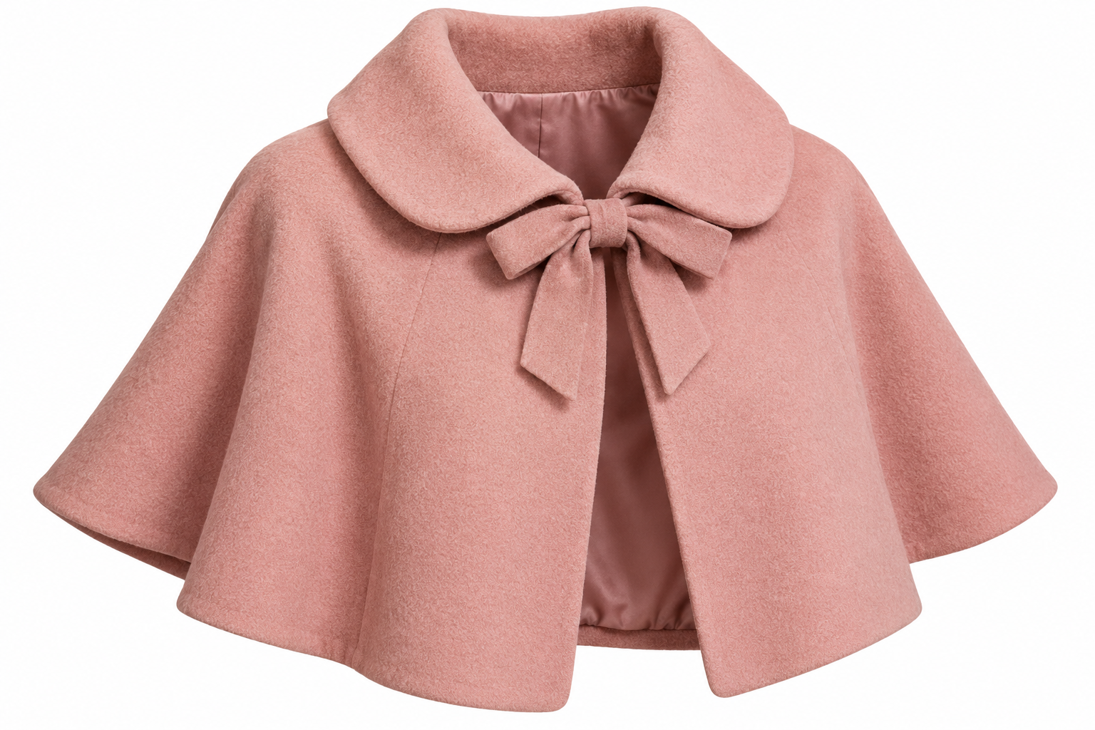 Dusty pink wool cape with a rounded collar and a matching bow at the neckline.