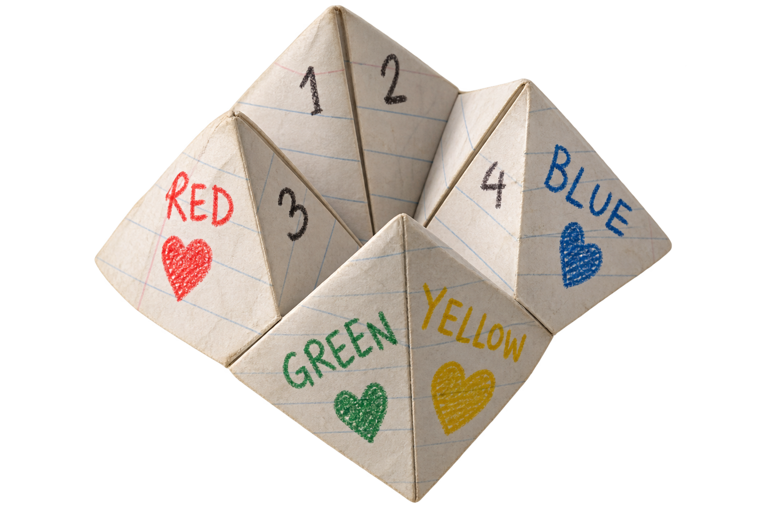 Paper fortune teller with handwritten colors, numbers, and heart drawings.