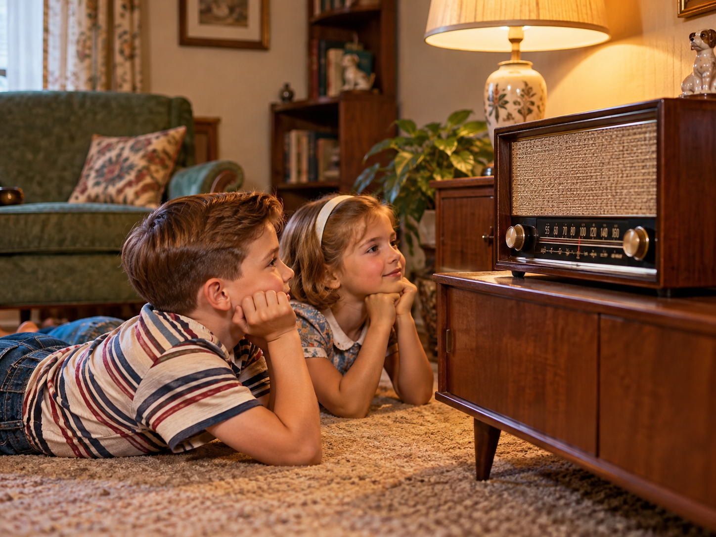Two children lie on a carpeted floor, listening intently to an old-fashioned radio in a cozy, vintage living room with warm lighting and classic furniture.