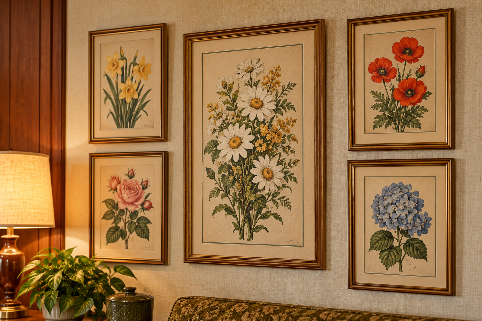 Five framed botanical prints of flowers, including daisies, poppies, roses, daffodils, and hydrangeas, displayed on a wall above a sofa.