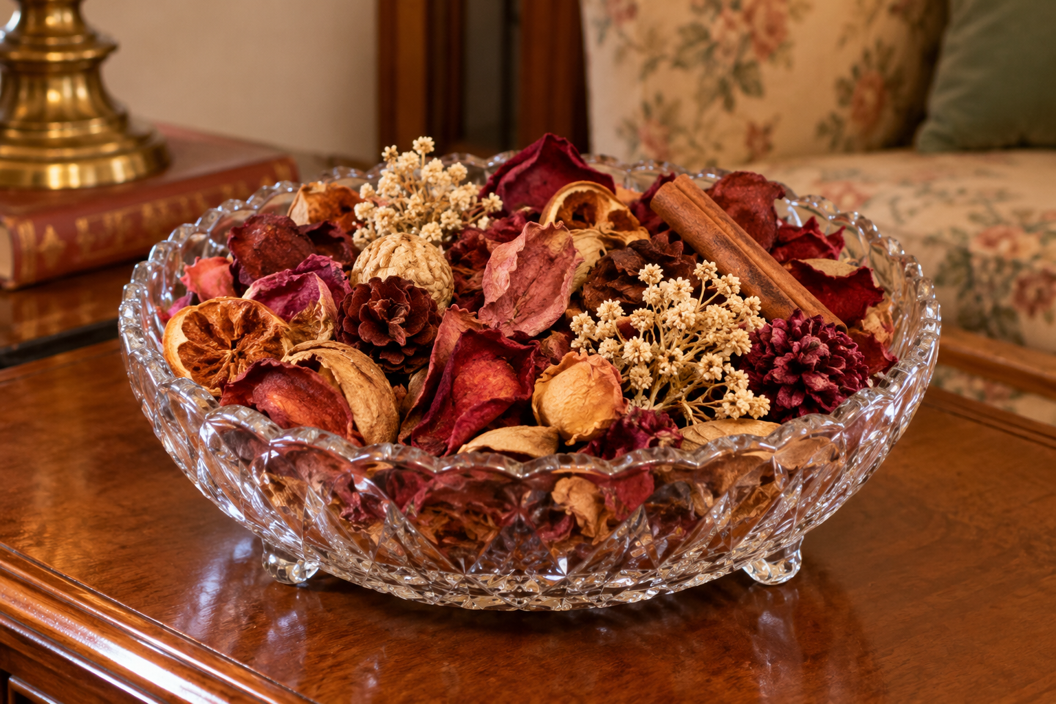 A crystal bowl filled with dried potpourri, including flower petals, pinecones, and cinnamon sticks, sitting on a wooden table.