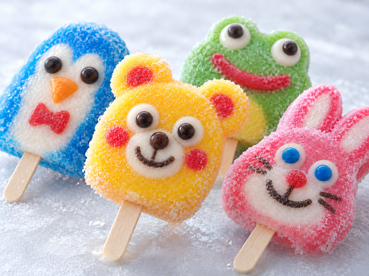 Four animal-shaped popsicles covered in granulated sugar, designed to look like a blue penguin, a yellow bear, a green frog, and a pink rabbit.