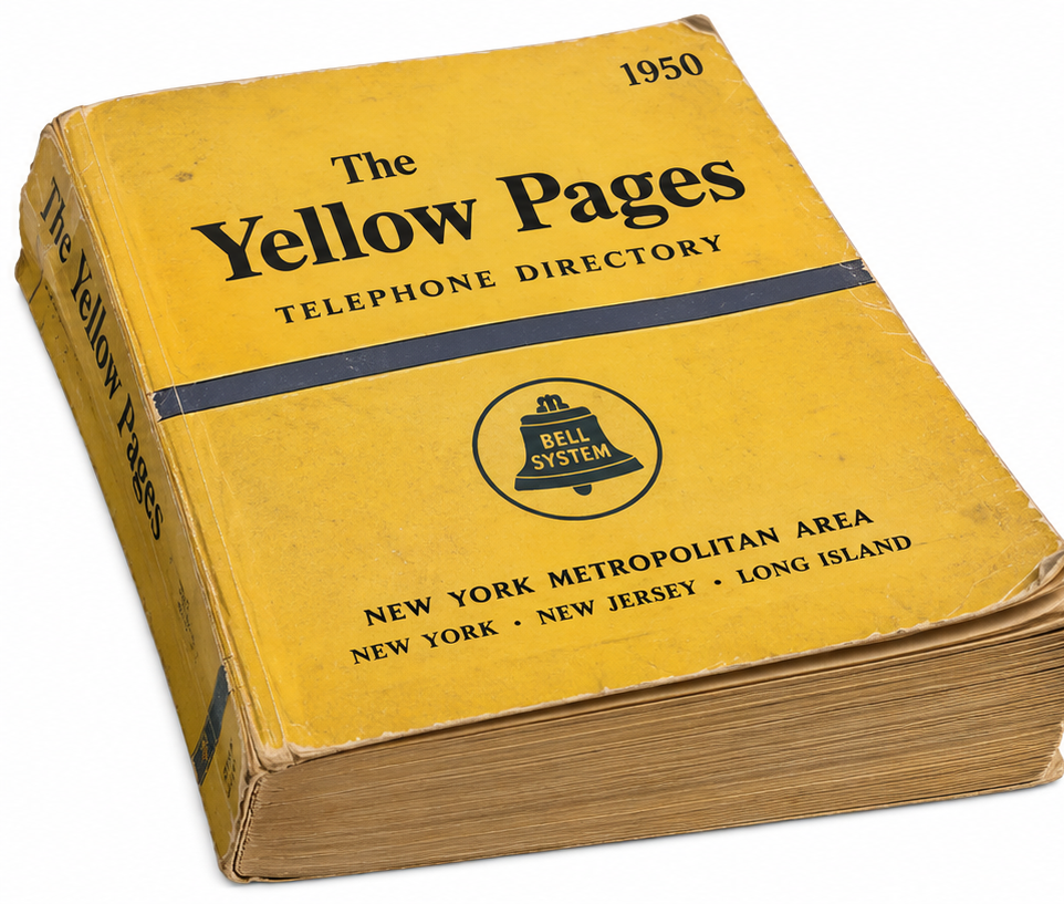 A 1950 New York Metropolitan Area Yellow Pages telephone directory.