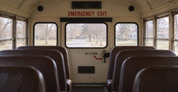 The interior of a school bus looking toward the back emergency exit door, with brown vinyl seats on either side.