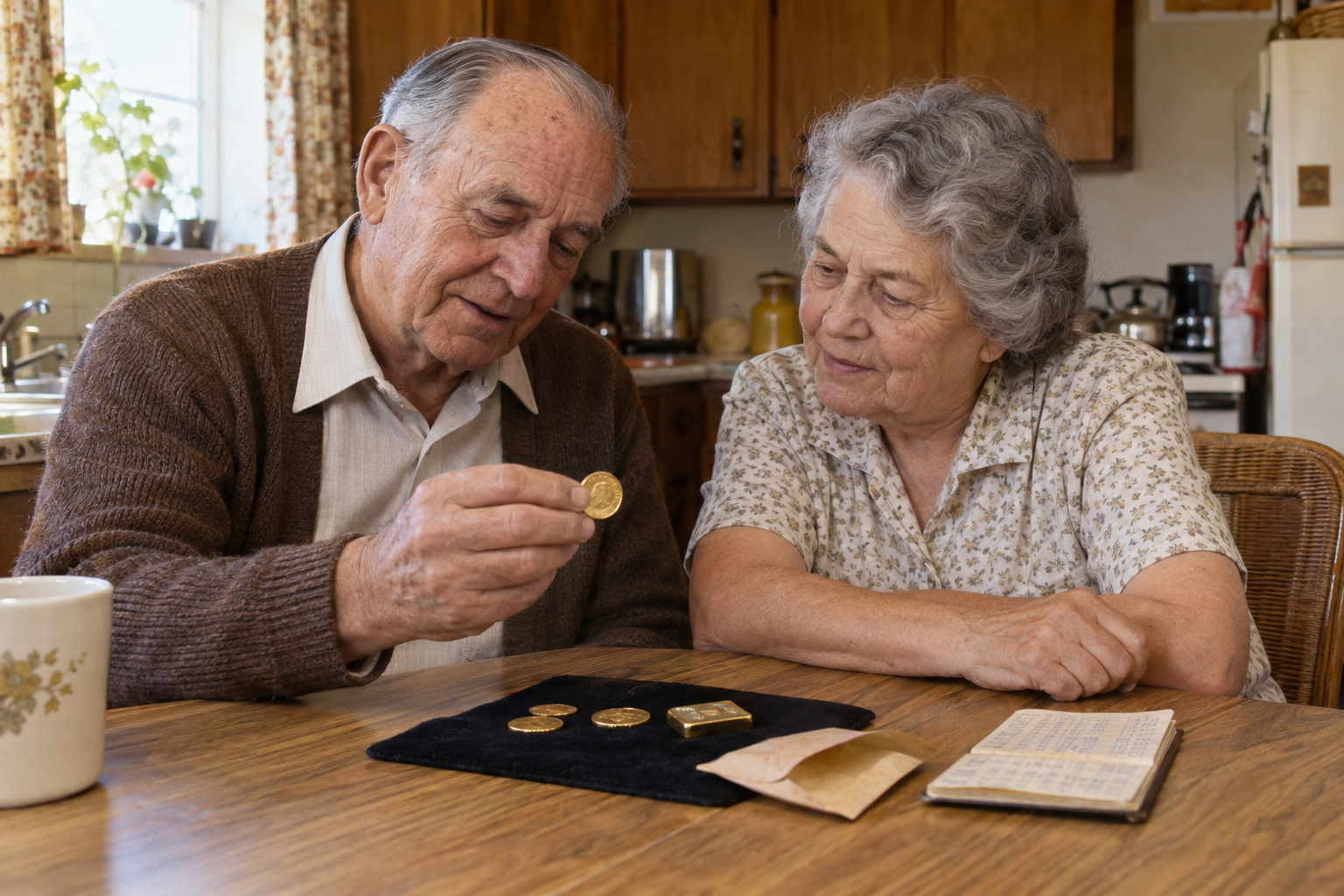 An elderly couple sits at a kitchen table examining a gold coin together.