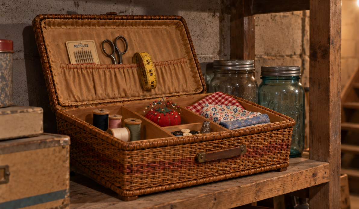 An open wicker sewing basket on a wooden shelf, containing spools of thread, a pincushion, needles, scissors, a measuring tape, and fabric scraps, with glass jars nearby.