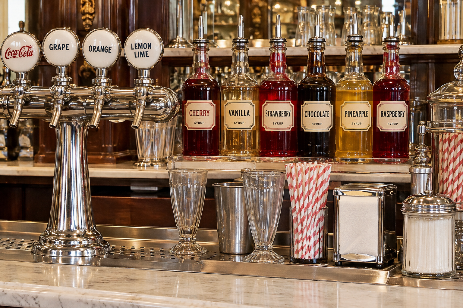 Soda fountain with chrome taps labeled Coca-Cola, Grape, Orange, and Lemon Lime, beside a row of glass syrup bottles labeled Cherry, Vanilla, Strawberry, Chocolate, Pineapple, and Raspberry, with empty soda glasses and red-striped straws.