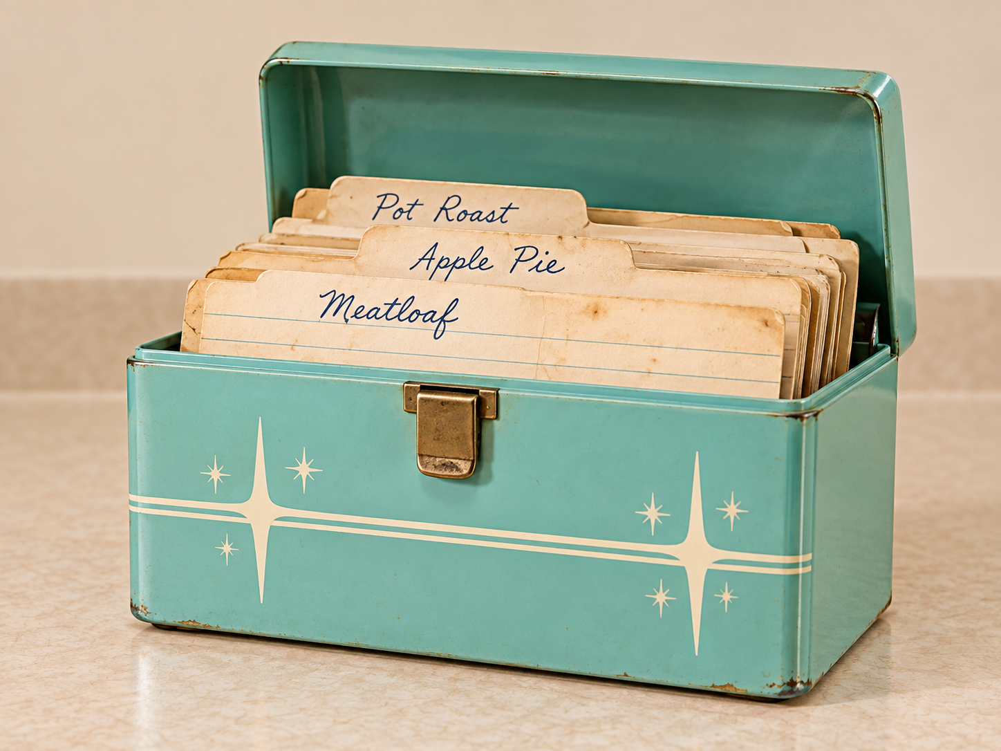 A vintage teal metal recipe box containing index cards labeled “Meatloaf,” “Apple Pie,” and “Pot Roast.”