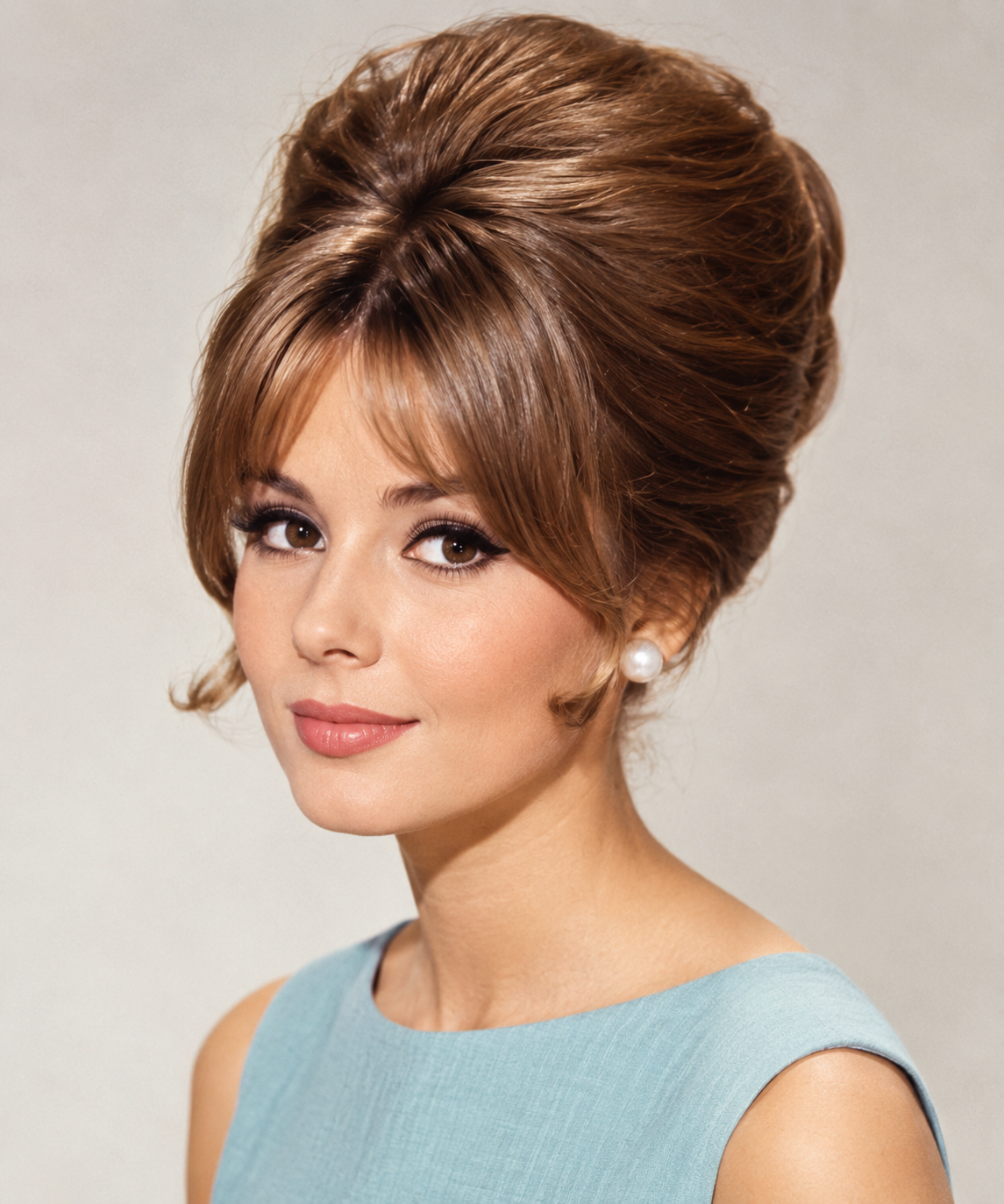 Portrait of a woman with a 1960s-style bouffant hairstyle and pearl earrings wearing a light blue dress.