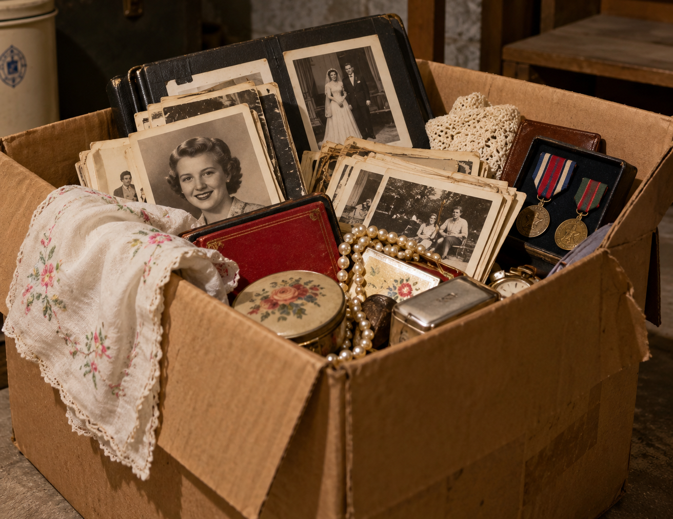 A cardboard box filled with vintage photographs, a string of pearls, military medals, and lace textiles.