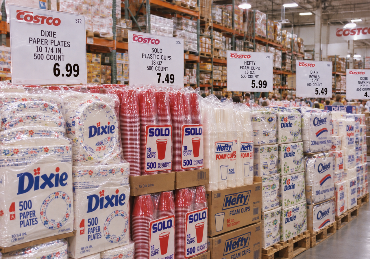Costco warehouse aisle displaying stacks of disposable paper plates, plastic cups, and foam cups with hanging price signs above each item.