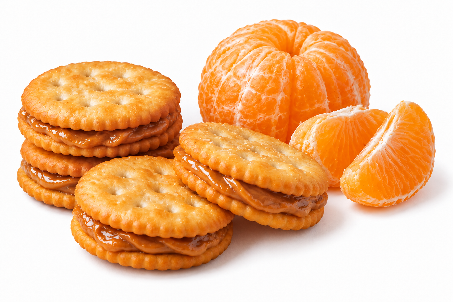 Three sandwich crackers filled with caramel next to a peeled mandarin orange.