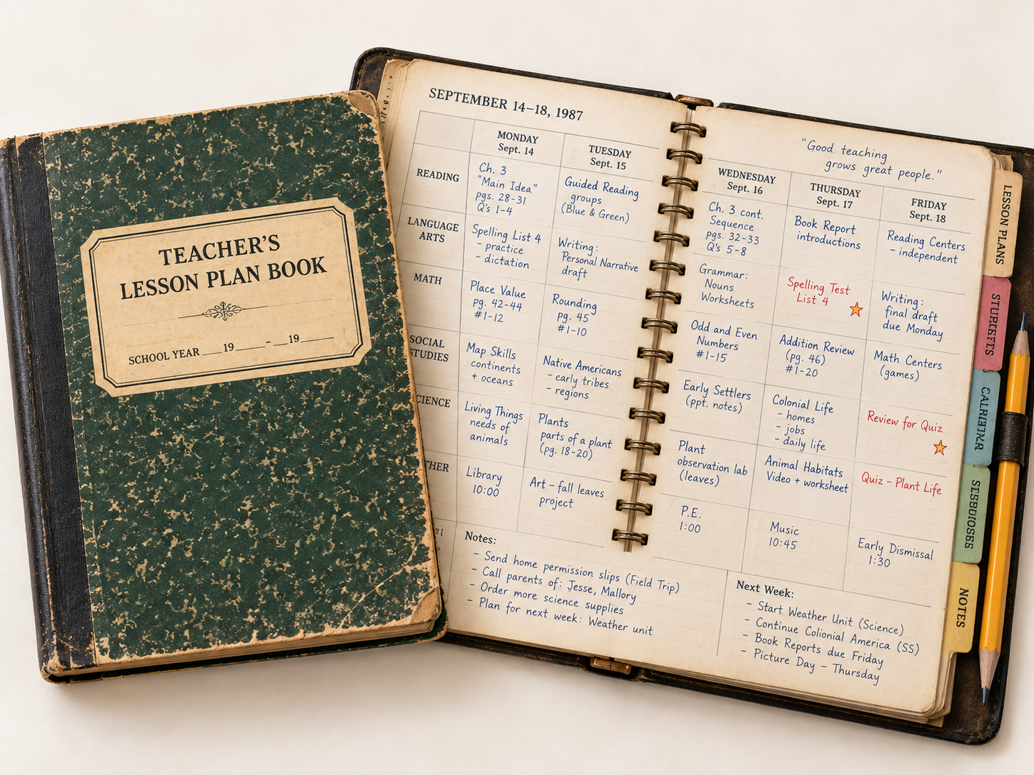 A vintage teacher’s lesson plan book open to a weekly schedule dated September 14–18, 1987, with tabs for subject sections and a yellow pencil tucked into the side.