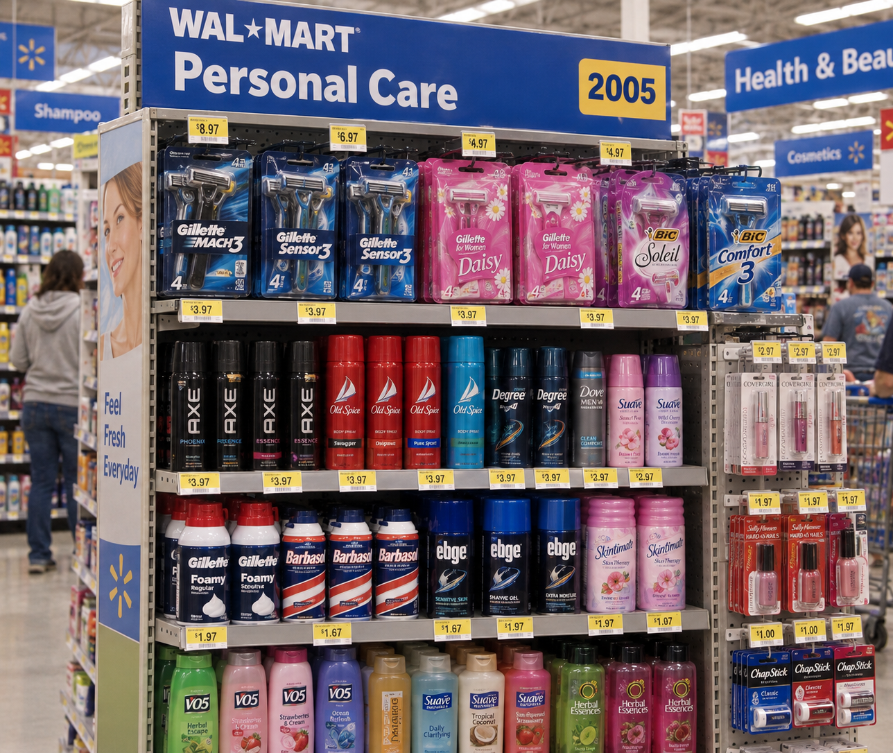 A retail shelving unit in the personal care aisle of a Walmart store, stocked with various brands of razors, deodorant, shaving cream, body wash, and nail polish.
