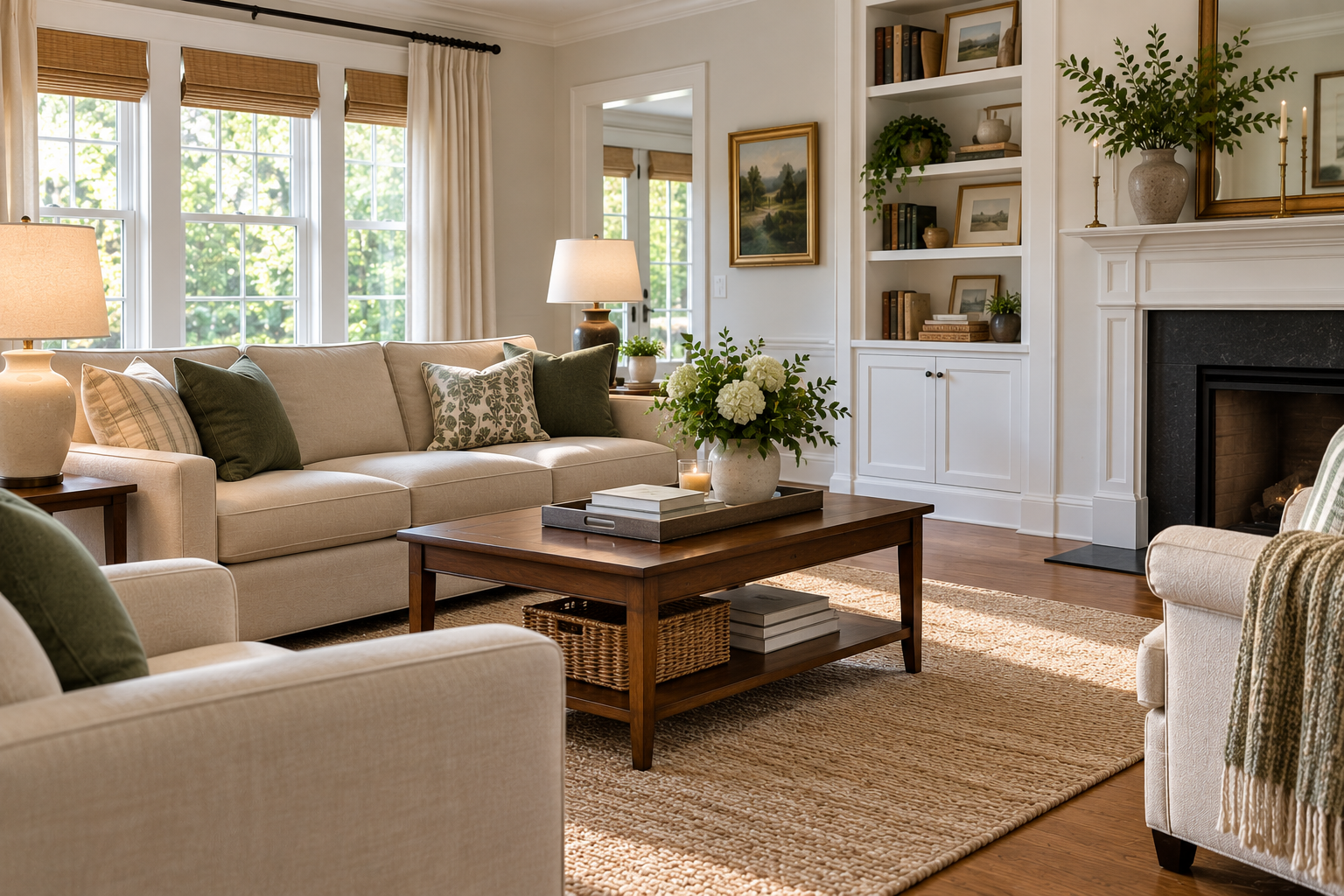 Living room with a beige sofa, two armchairs, a wooden coffee table, and a fireplace with built-in bookshelves.