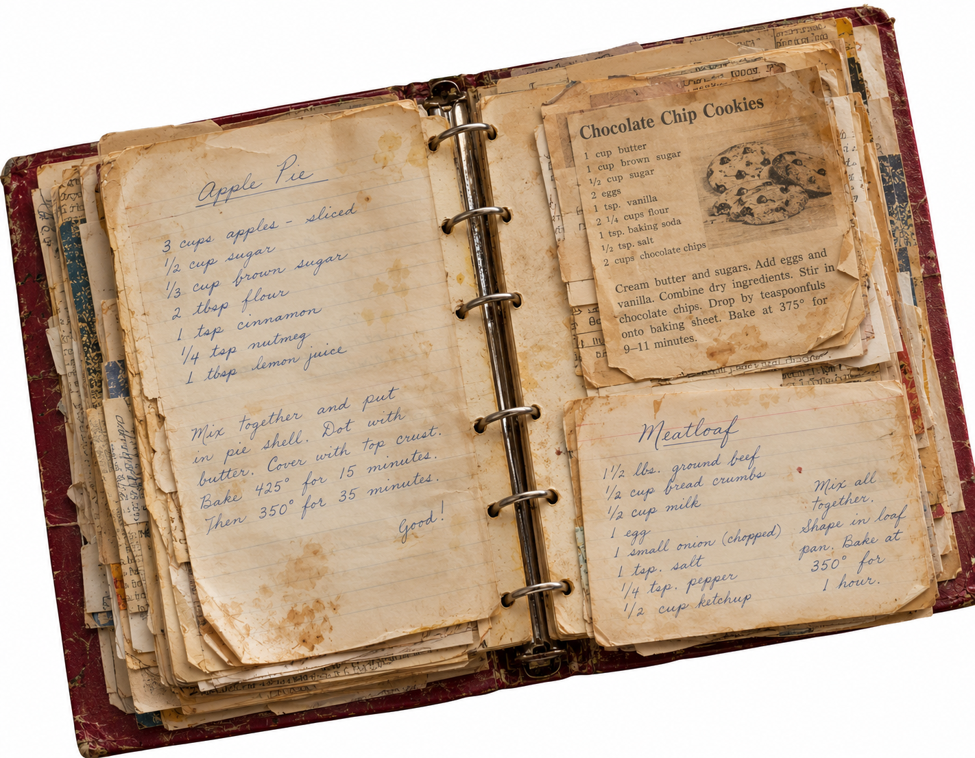An open ring binder containing handwritten recipes for apple pie and meatloaf, along with a clipped recipe card for chocolate chip cookies.