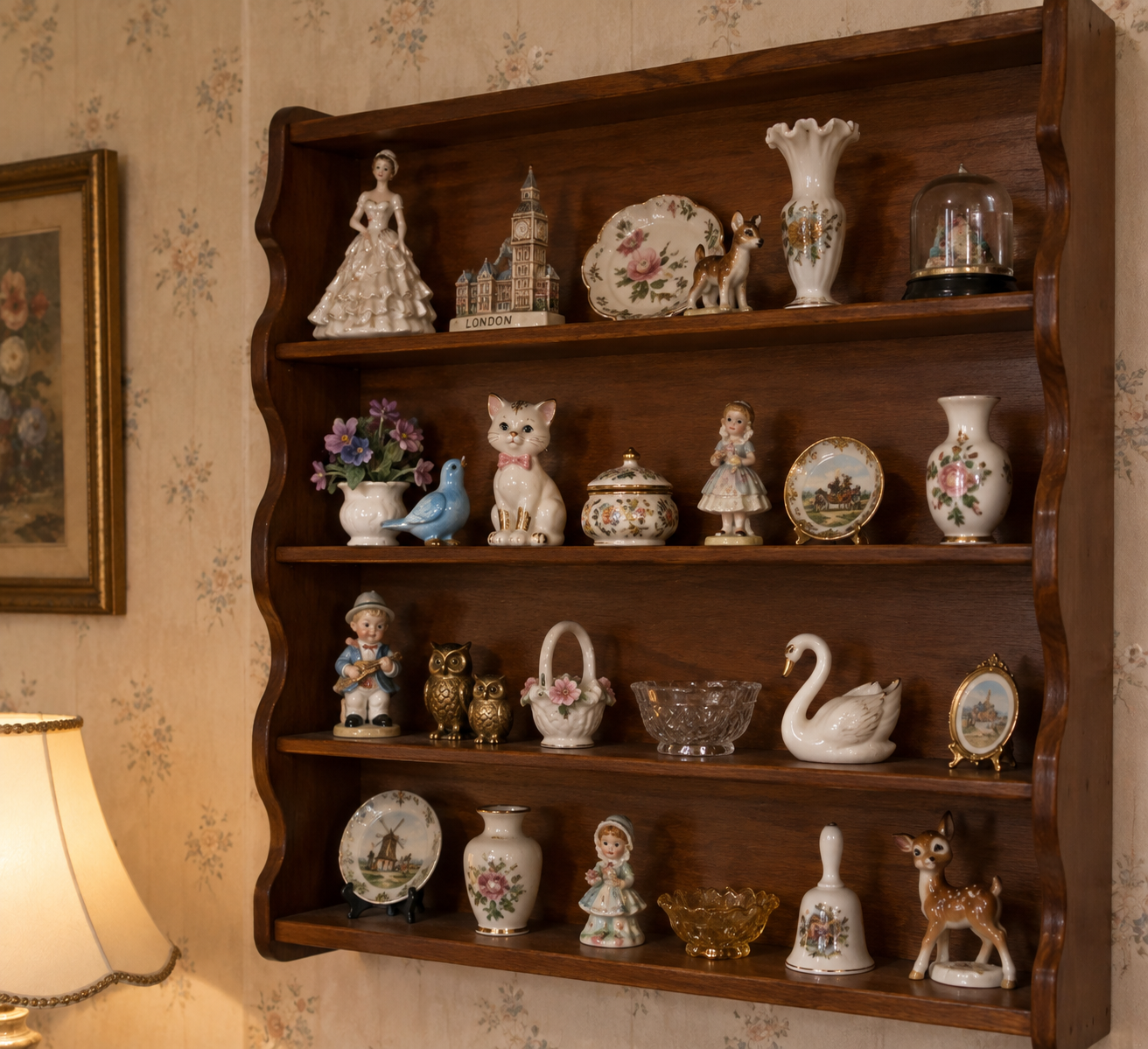 A wall-mounted wooden shelf holding four tiers of ceramic and glass figurines, including animal statues, small vases, decorative plates, and a replica of Big Ben.