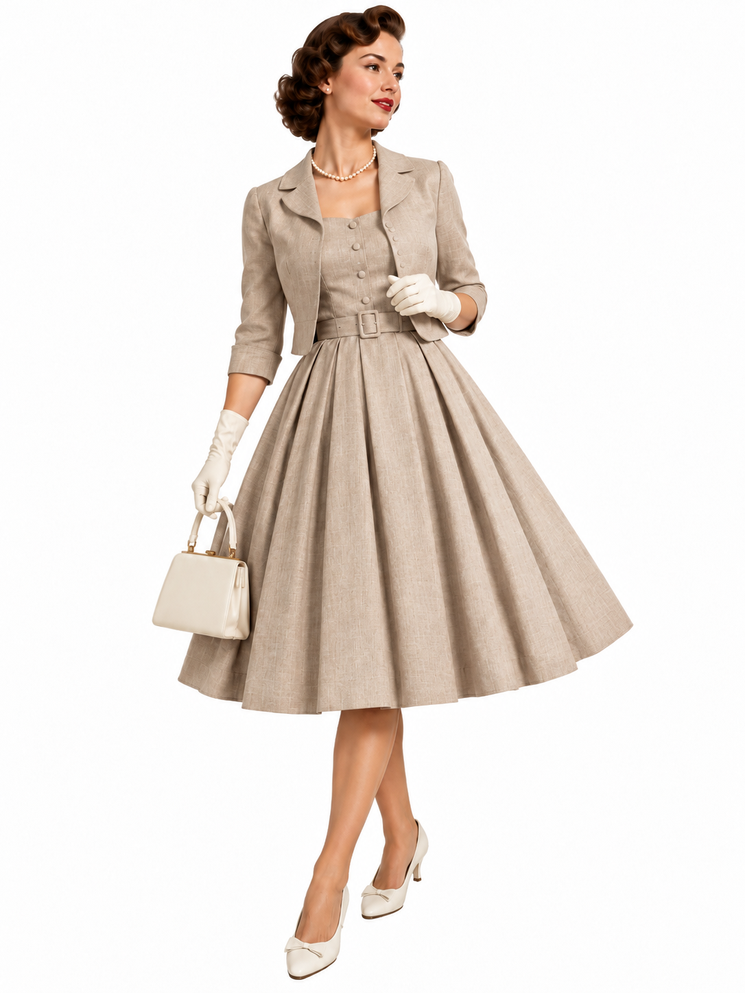 A woman wearing a beige 1950s-style belted dress with a matching cropped jacket, white gloves, and white heels, holding a small white handbag.