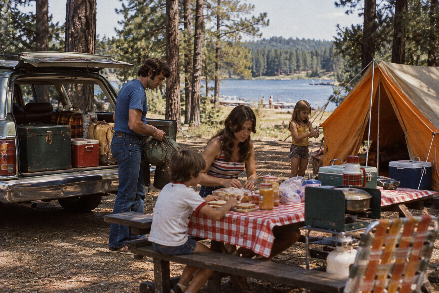 A family camps at a picnic table with a tent and a station wagon near a lake.