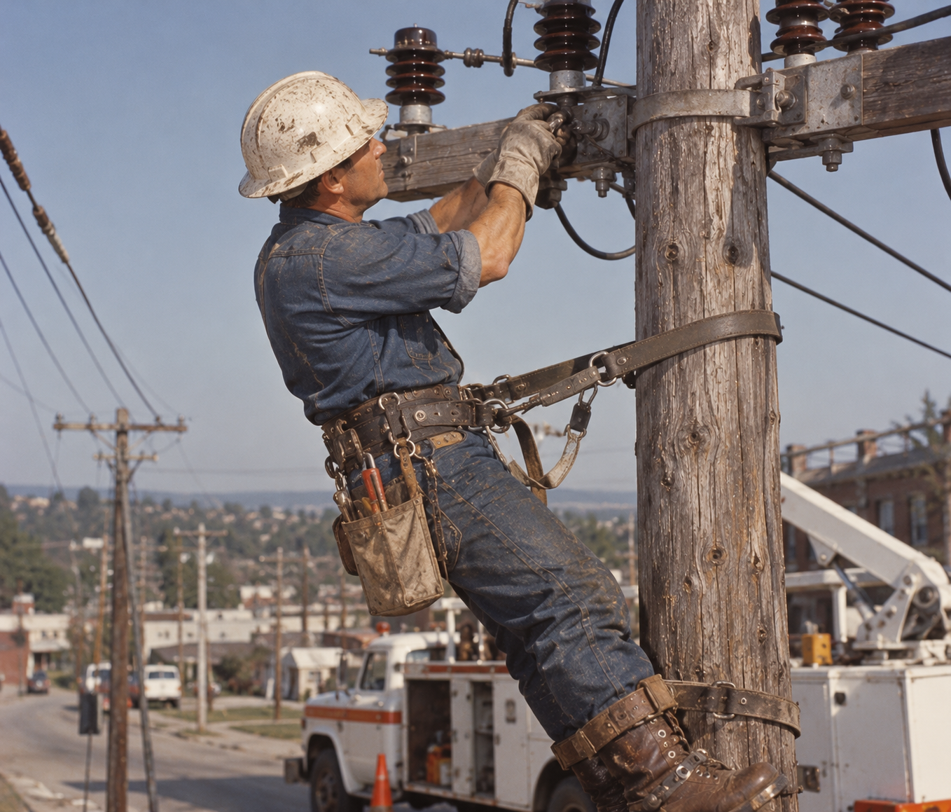 A utility worker in a hard hat and tool belt leans against a wooden utility pole to repair electrical equipment.