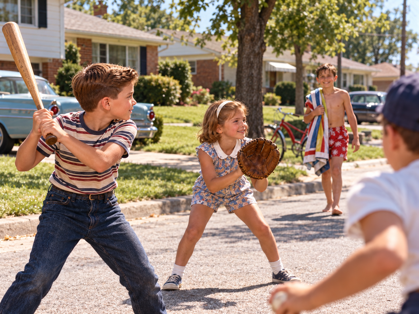 Four kids play baseball on a sunny suburban street. One bats, one catches with a mitt, and two others watch and wait. Houses and cars line the street, and a bike rests nearby. The mood is cheerful and nostalgic.