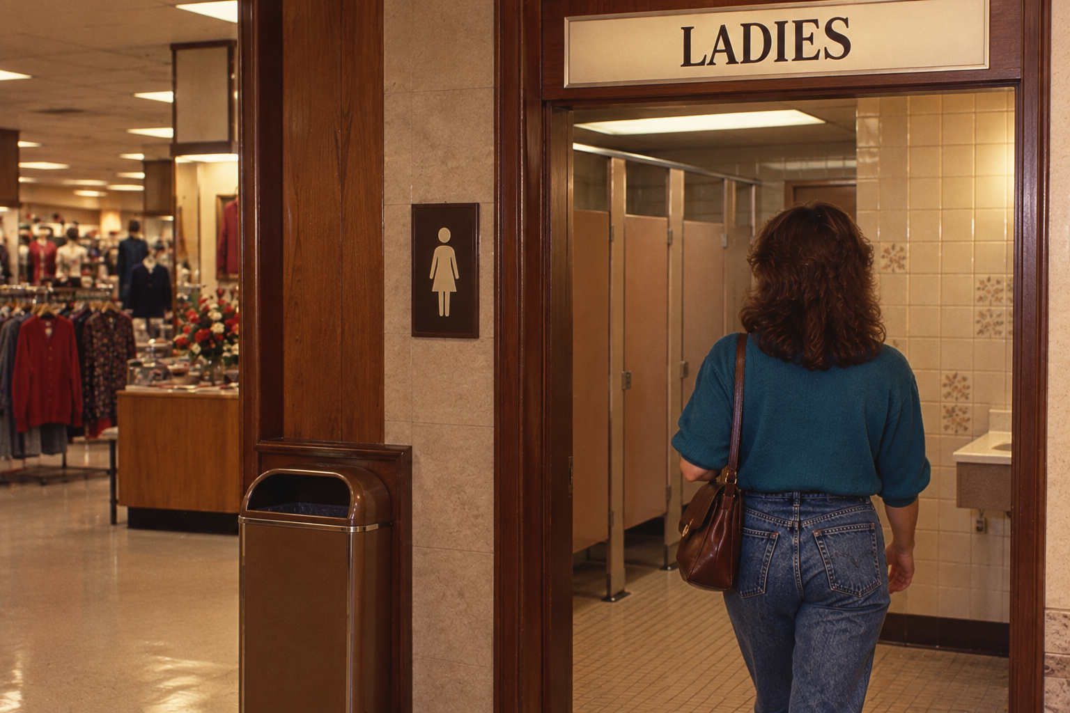 A woman in a blue sweater and jeans walks into a restroom marked “LADIES” inside a department store.