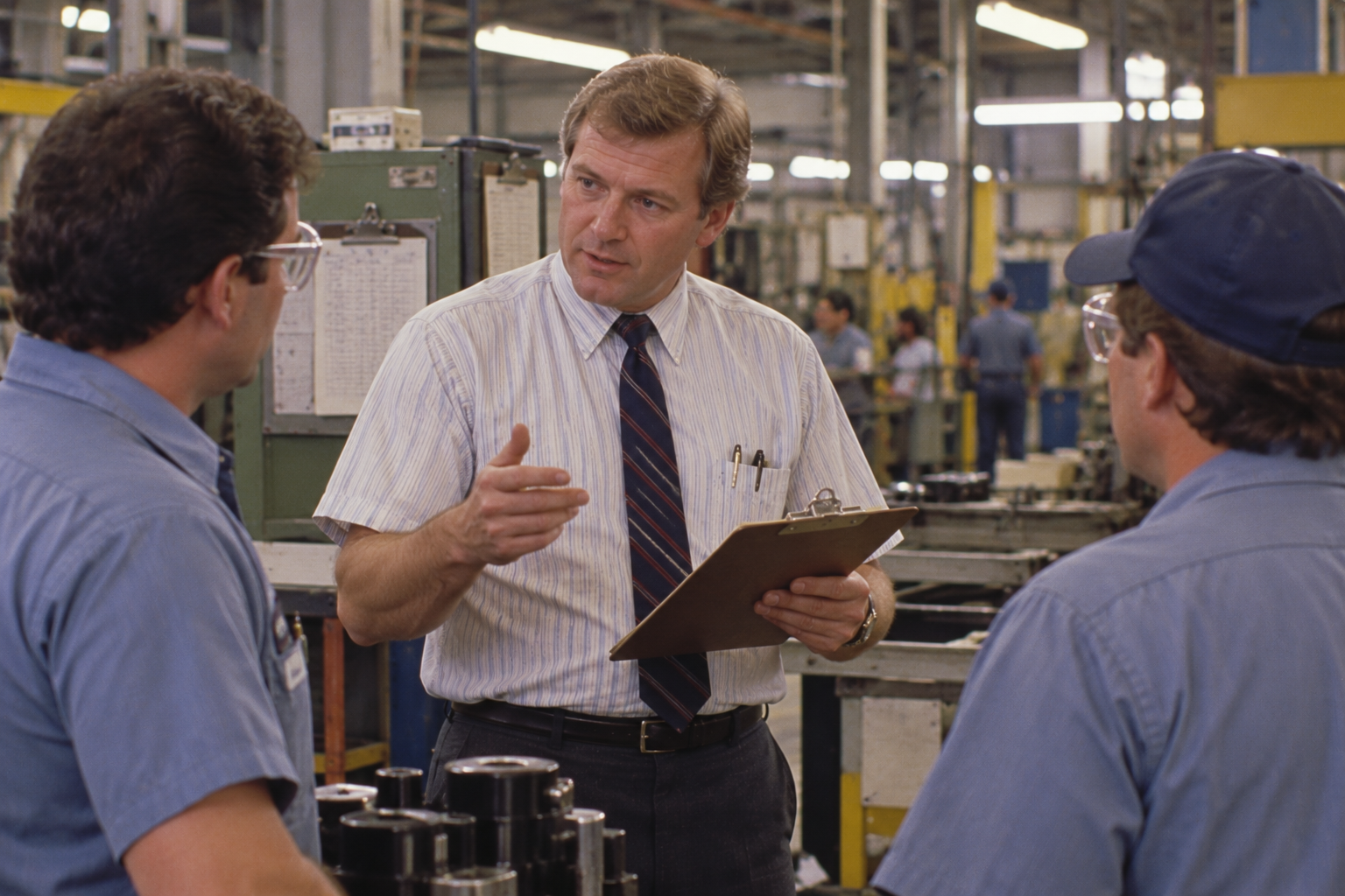 A man in a striped dress shirt and tie holds a clipboard while speaking with two factory workers in a manufacturing facility.