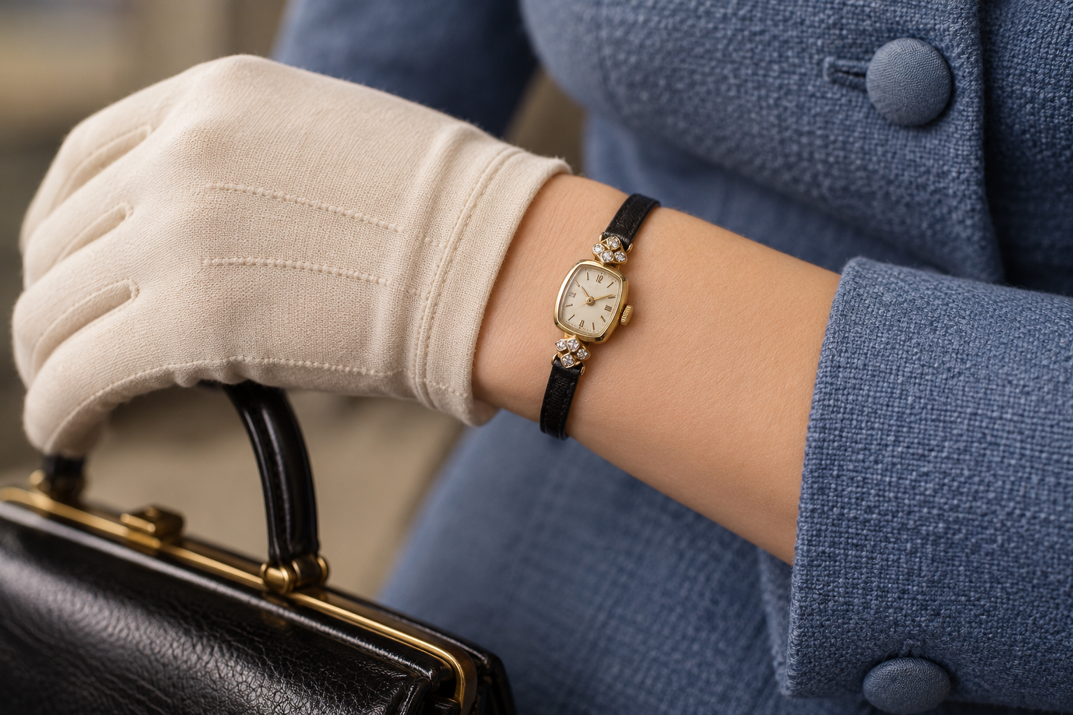 A gold vintage-style watch with a black strap and diamond-accented lugs worn on a wrist in a white glove, paired with a blue coat and a black handbag.