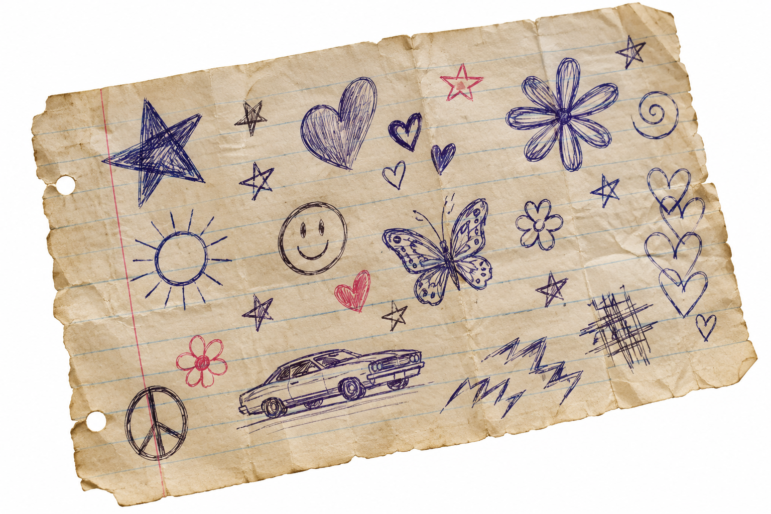 A piece of crumpled, lined notebook paper filled with blue and red ink doodles, including hearts, stars, a butterfly, a smiley face, a car, and a peace sign.