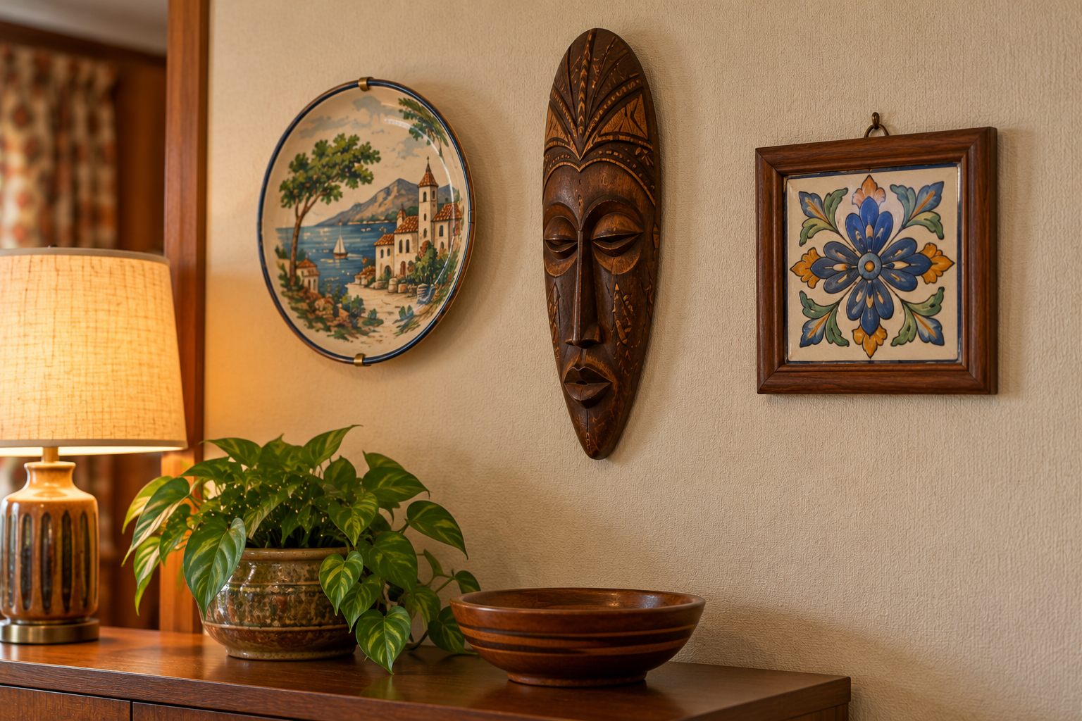 A wooden wall mask hangs between a decorative coastal landscape plate and a framed floral tile above a wooden table with a potted plant and a wooden bowl.