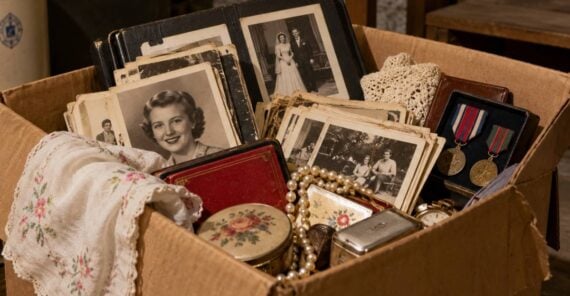 A cardboard box filled with vintage photographs, two military medals, a string of pearls, and a lace handkerchief.