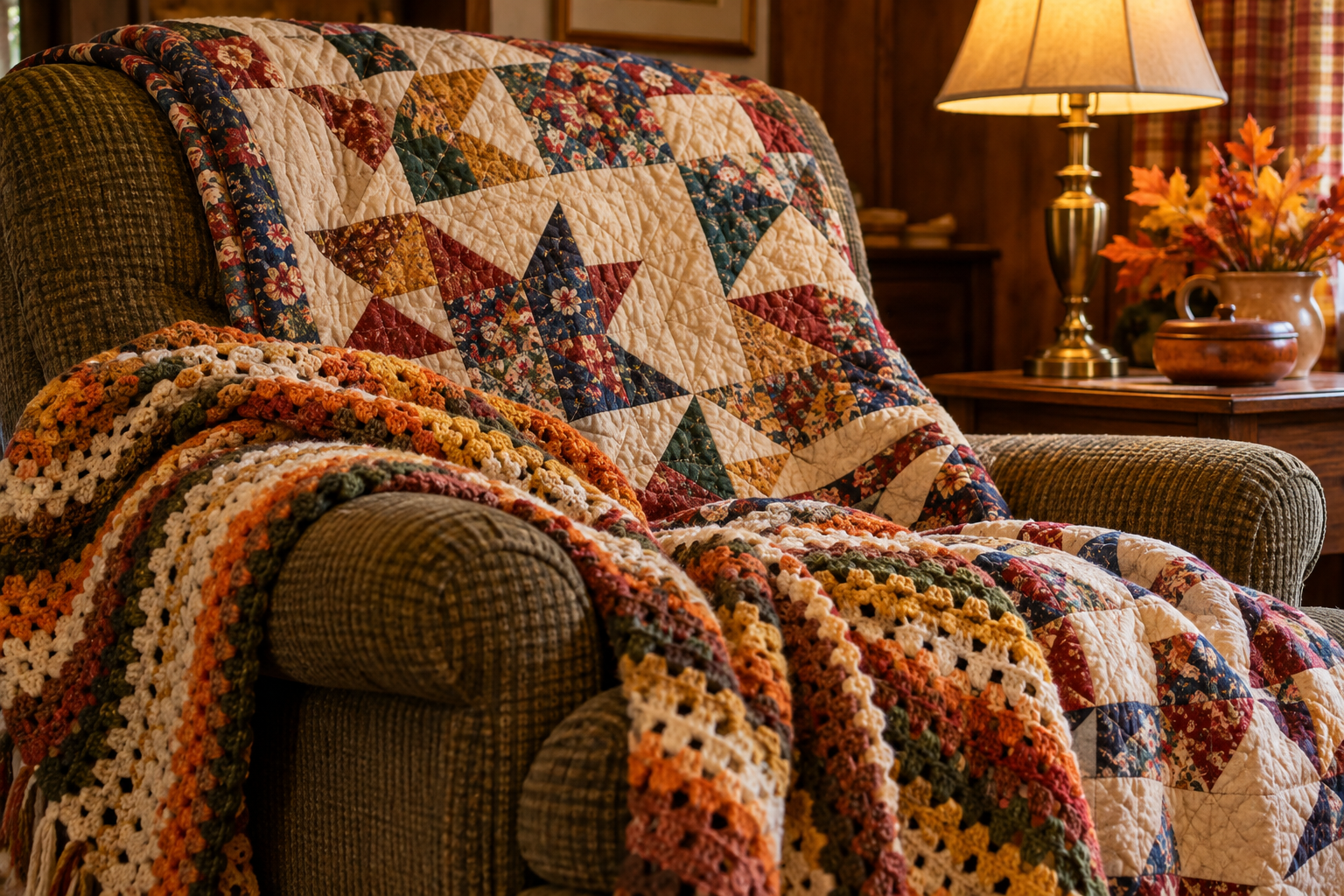 An armchair draped with a patchwork quilt featuring star patterns and a colorful crocheted throw blanket.