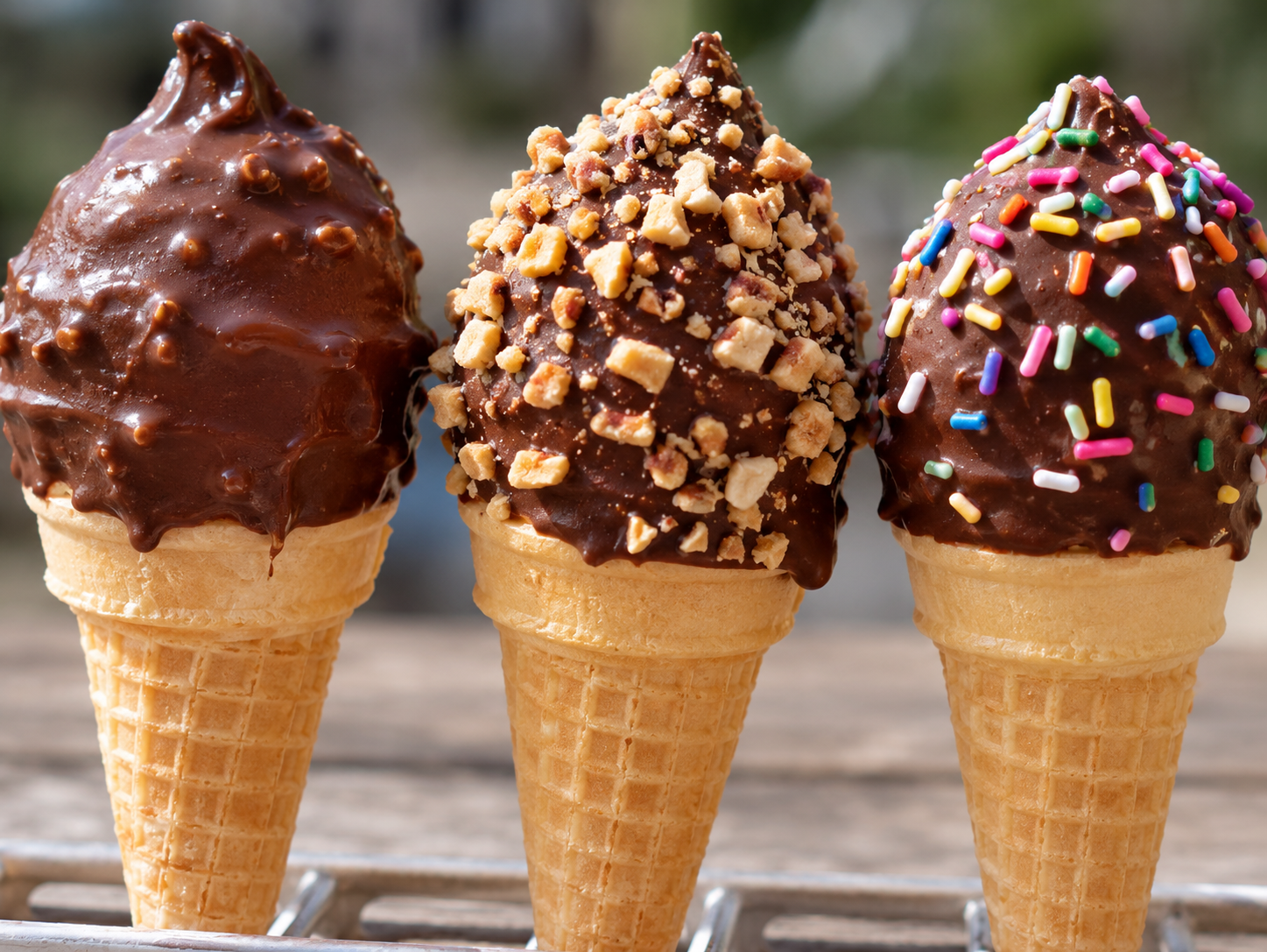 Three ice cream cones dipped in chocolate: one plain, one with chopped nuts, and one with rainbow sprinkles.