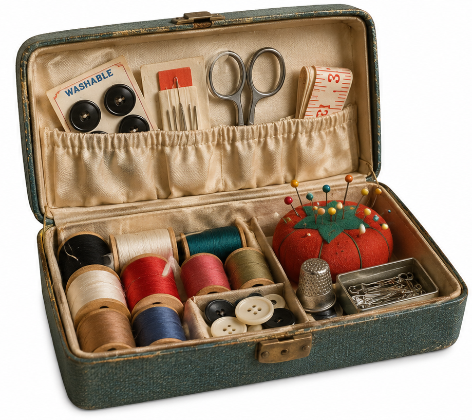 An open sewing kit containing spools of thread, a tomato-shaped pincushion with pins, a thimble, scissors, a tape measure, needles, and buttons.